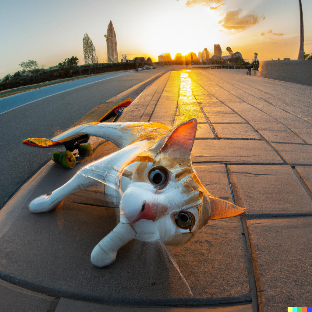 Prompt: Fish-eye lens photograph of a orange and white cat skateboarding, 4K, sunset, sun rays, taken near Burj Khalifa in Dubai