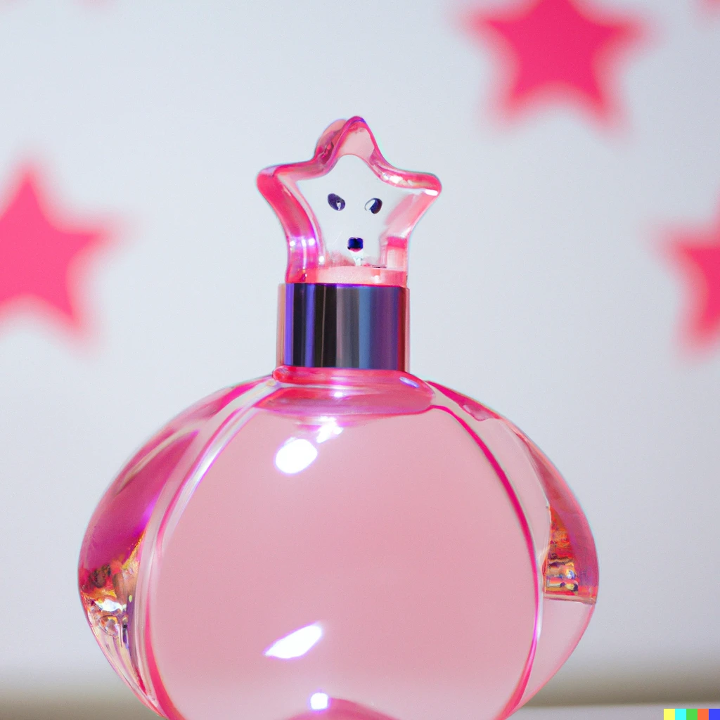 Prompt:  a clear pink perfume bottle in the shape of kirby, stars in background