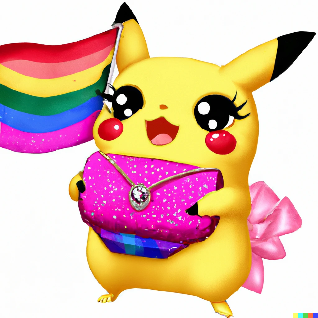 Prompt: Pikachu holding a gay pride flag and clutching onto a big pink purse with embedded diamond rhinestones, fan art, cute digital drawing