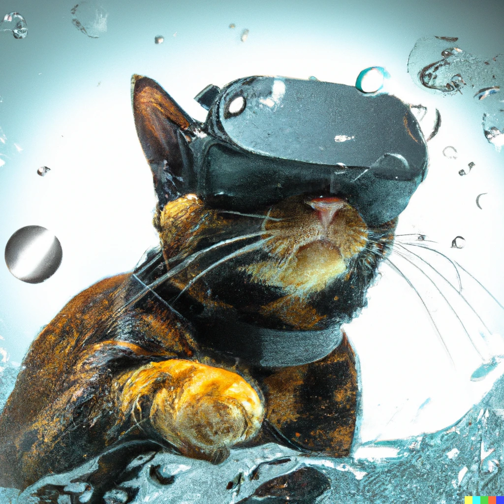 Prompt: Underwater shot of a black and orange cat wearing a vr headset and a turtle neck; water bubbles, particulate, studio lighting, white background, futuristic