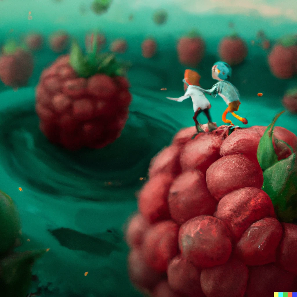 Prompt: Rick and Morty running away on a planet made of giant raspberries, digital art