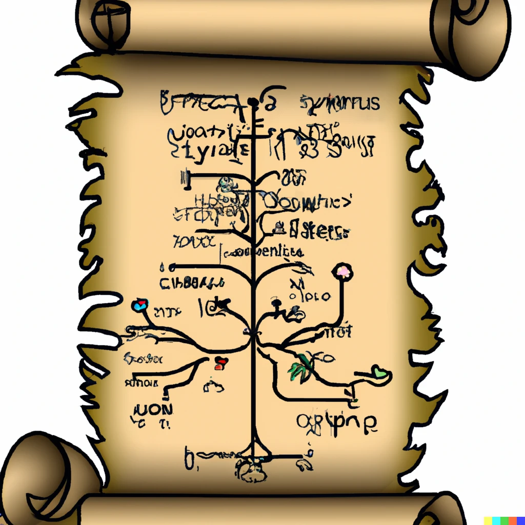 Prompt: an ancient parchment scroll of the evolutionary tree of computers/internet