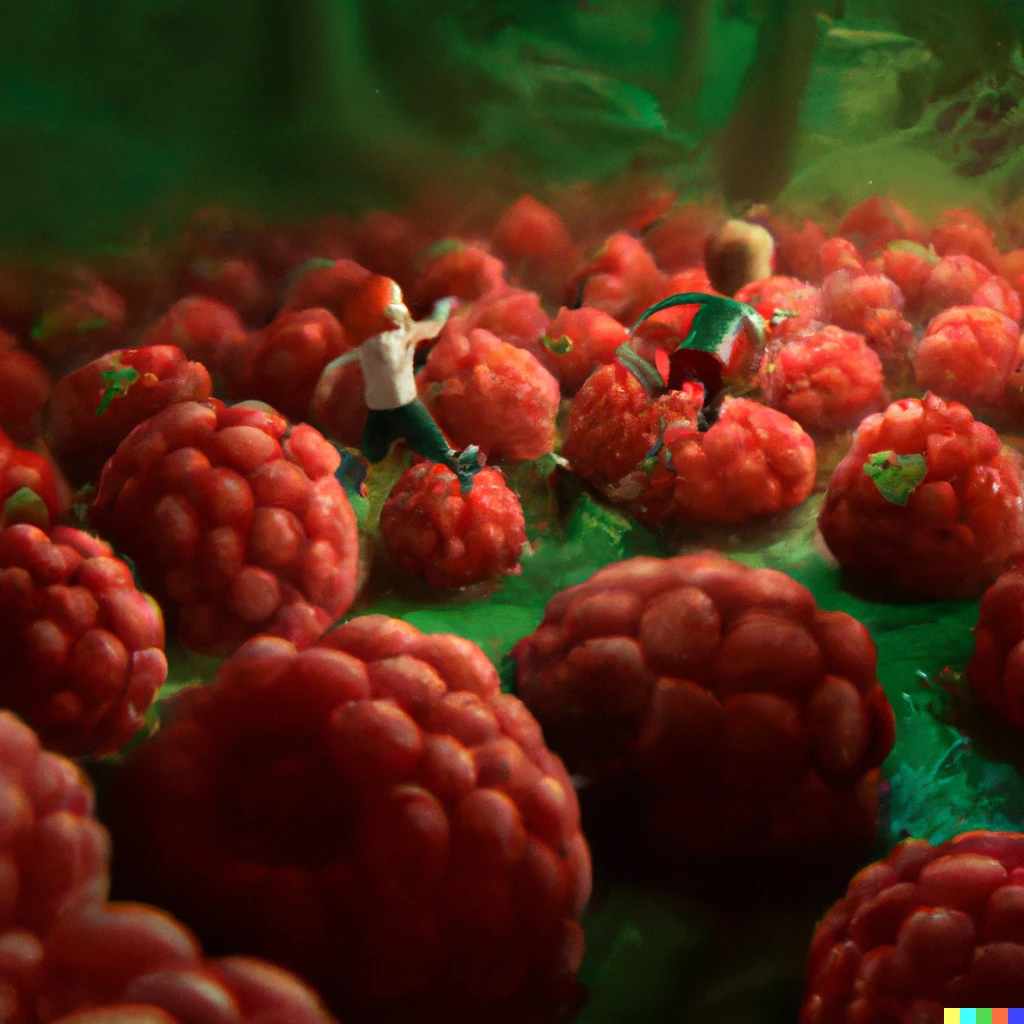 Prompt: Rick and Morty running away on a planet made of giant raspberries, digital art