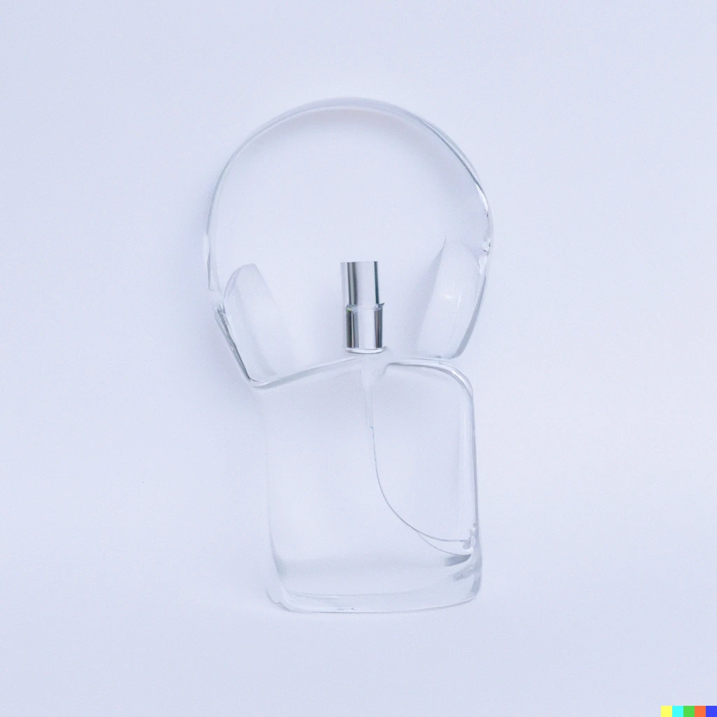 Prompt: A clear perfume bottle that looks like a pair of headphones, 8k, white background