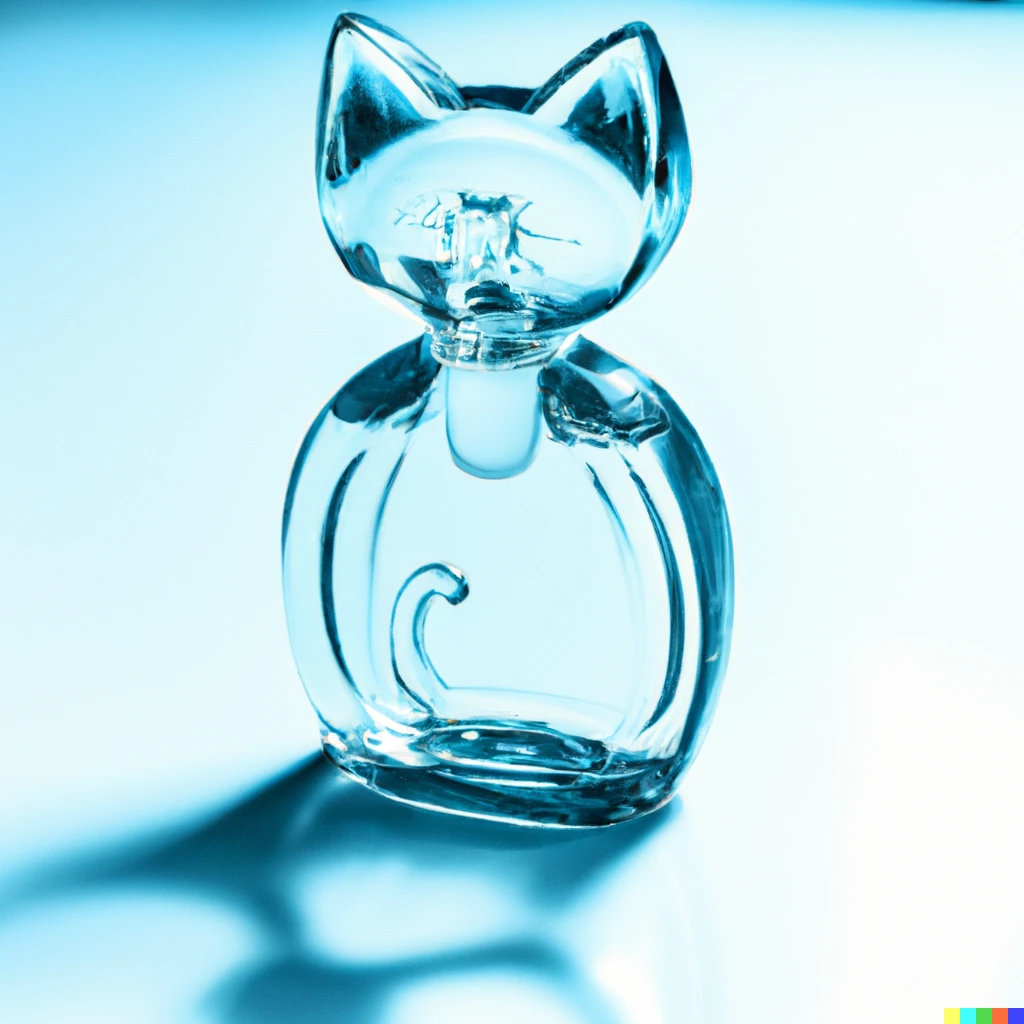 Prompt: a perfume bottle made of glass and water in the shape of a cat