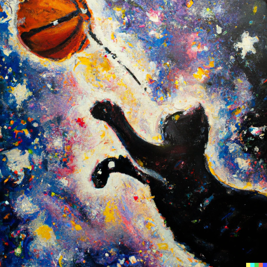 Prompt: An expressive oil painting of a cat dunking a basketball into the Milky Way universe, dispersing it from its uniform shape. Nebula explosion, stars
