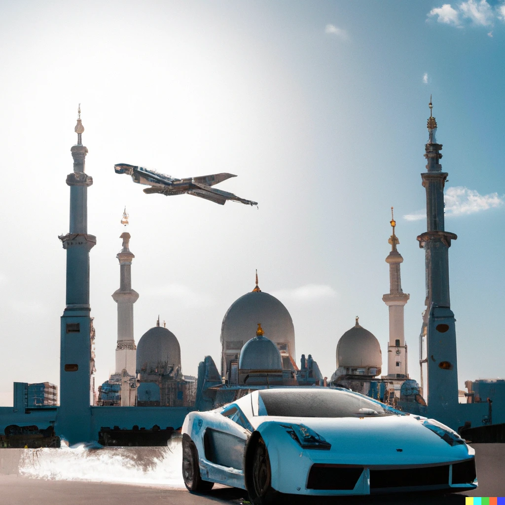 Prompt: A photo of a white Lamborghini flying over Sheikh Zayed Mosque in Abu Dhabi, Dubai. Detailed 4K photograph, sunny, blue sky, action shot 