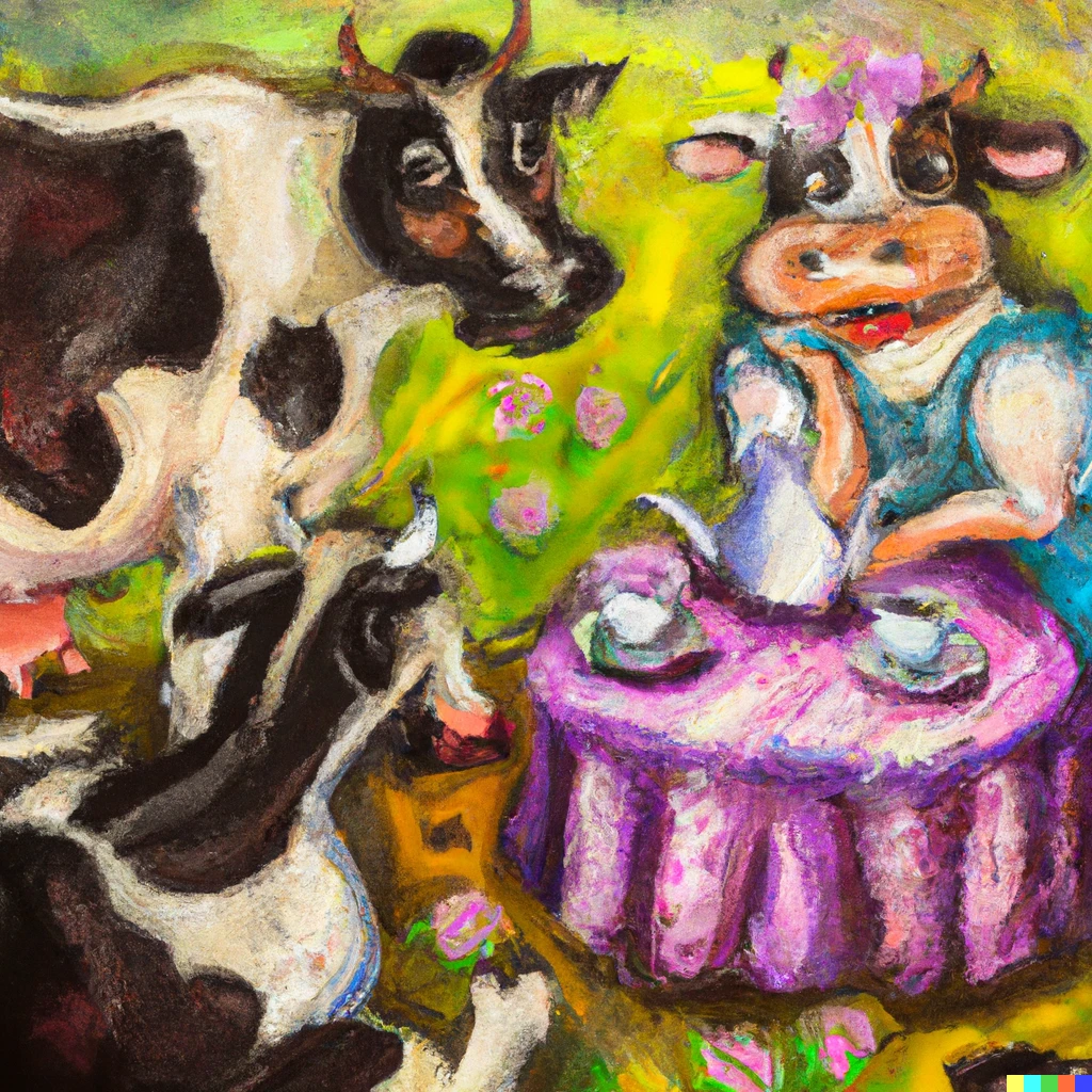 Prompt: a cow in a sundress having a tea party with her cow friends, expressive oil painting