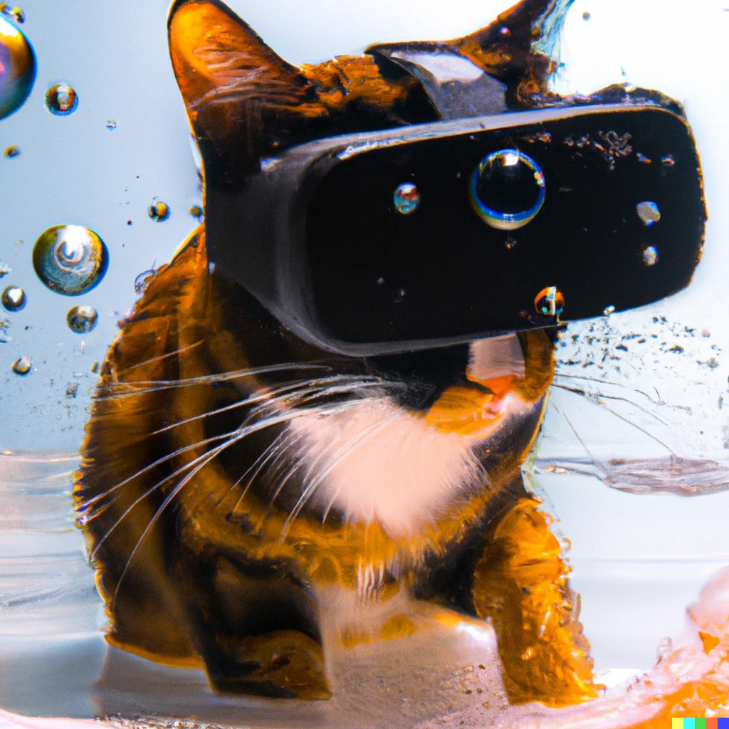 Prompt: Underwater shot of a black and orange cat wearing a vr headset and a turtle neck; water bubbles, particulate, studio lighting, white background, futuristic