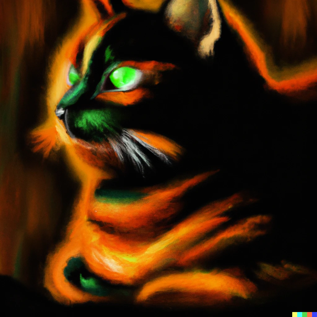 Prompt: A fluorescent fiery black and orange cat in the style of a Renaissance painting