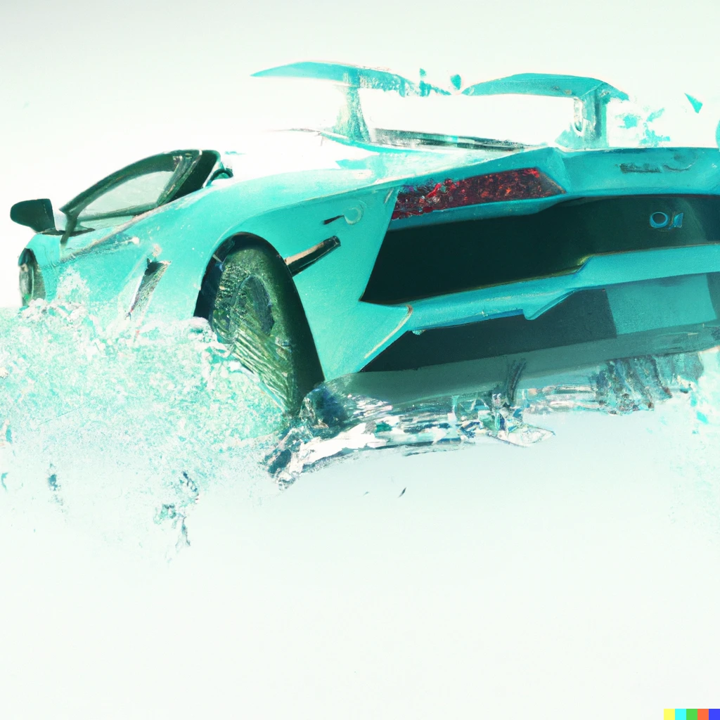 Prompt: Wide-angle full underwater 4k shot of a Lamborghini submerged in water. Studio lighting, white background, bubbles, particulate, futuristic