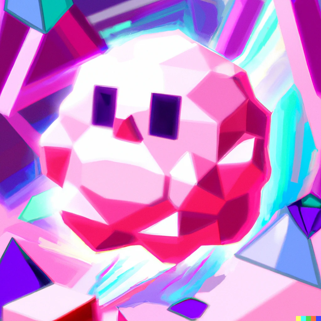 Prompt: crystal low poly kirby in vaporwave plaza