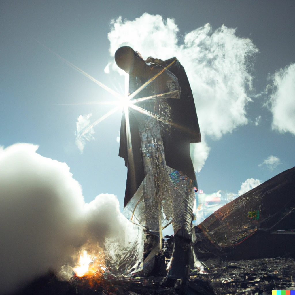 Prompt: A photograph taken for an advertisement campaign of a Middle Eastern male model in eccentric, avant-garde clothing made out of metal and ice, standing on the side of a volcano. There is fire and lava flowing around him where he is standing. Morning light, sun flares, 35mm, ad campaign 