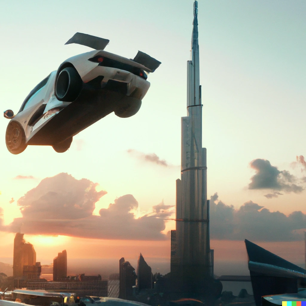 Prompt: Lamborghini falling from sky next to Burj Khalifa, camera film photo grain advert 4k