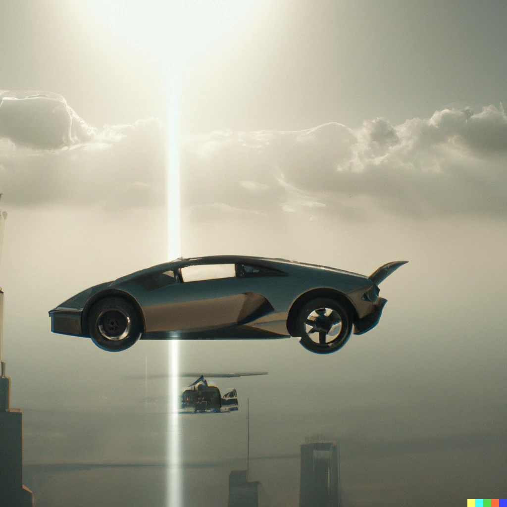 Prompt: Lamborghini falling from sky next to Burj Khalifa, reflecting sunlight, film camera, grain, 4k advert campaign