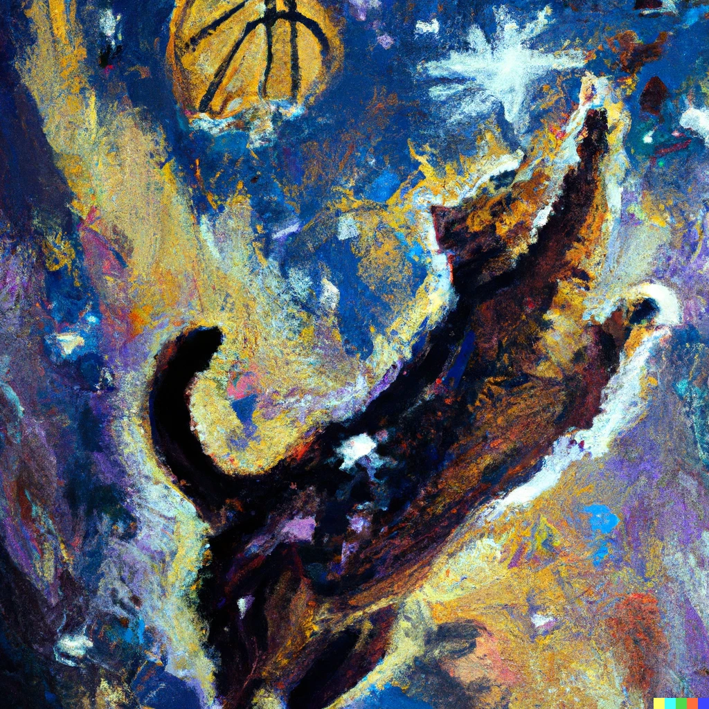 Prompt: An expressive oil painting of a cat dunking a basketball into the Milky Way universe, dispersing it from its uniform shape. Nebula explosion, stars