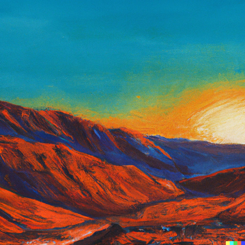Prompt: Great morning sun rising through the tall Atlas Mountains of Morocco, oil painting, expressive, cyan sky and orange/red mountains