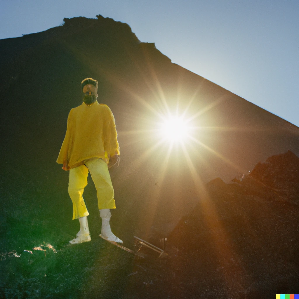 Prompt: A photograph taken for an advertisement campaign of a Middle Eastern man in eccentric, avant-garde yellow clothing, standing on the side of a volcano with lava flowing around him. Morning light, sun flares, 35mm, ad campaign 
