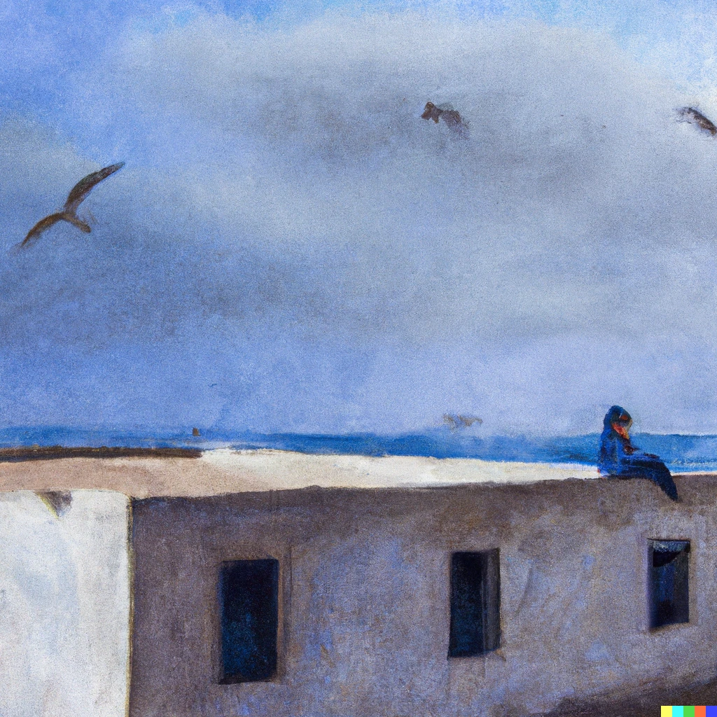 Prompt: Boy sitting on roof of white building located in Essaouira, Morocco. Seagulls, ocean in distance. North African, oil painting.