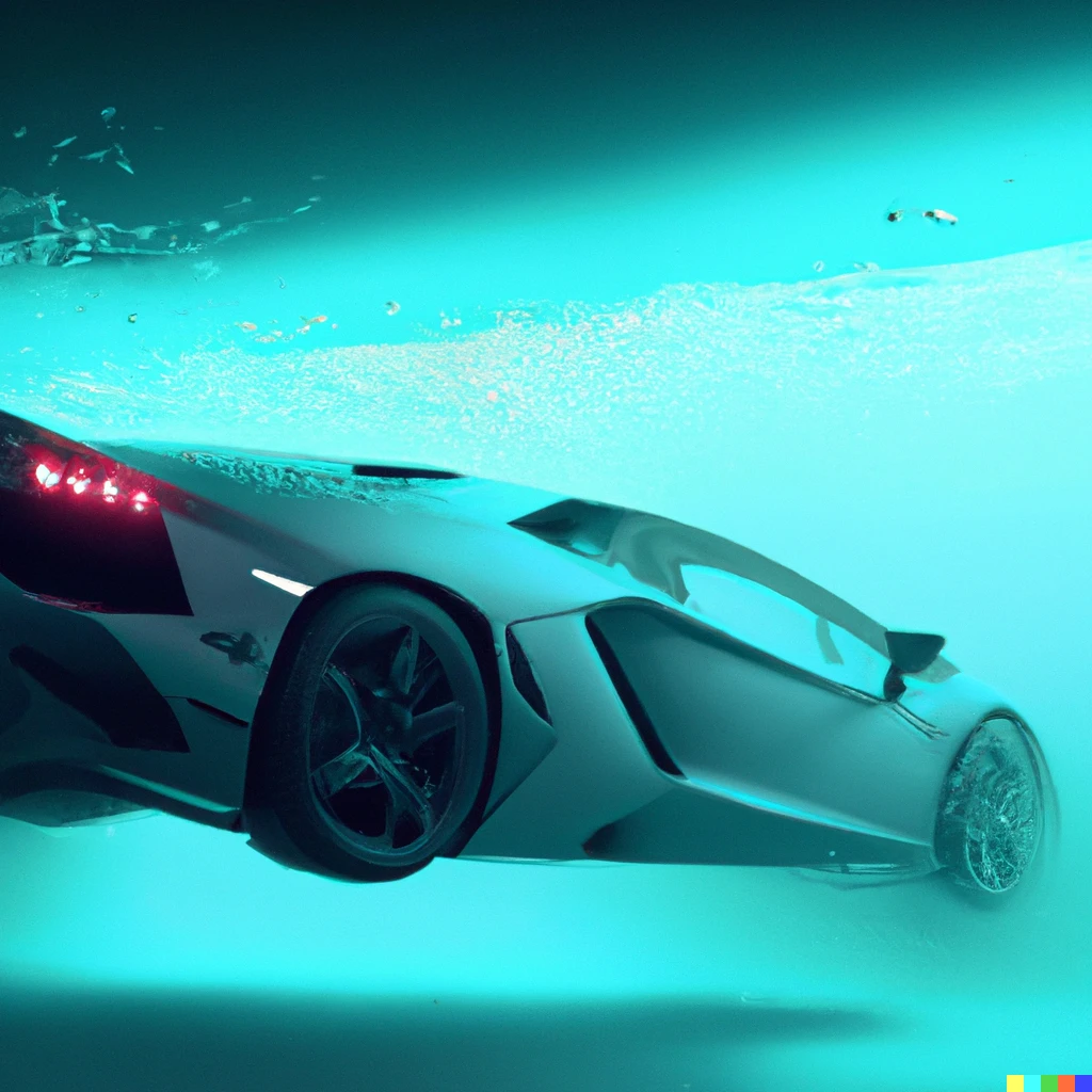 Prompt: Extra-wide angle full underwater 4k shot of a Lamborghini deeply submerged in water. Studio lighting, dark-cyan background, bubbles, particulate, futuristic