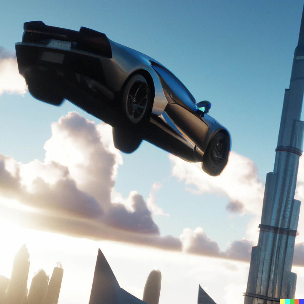 Prompt: Lamborghini falling from sky next to Burj Khalifa, reflecting sunlight, film camera, grain, 4k advert campaign
