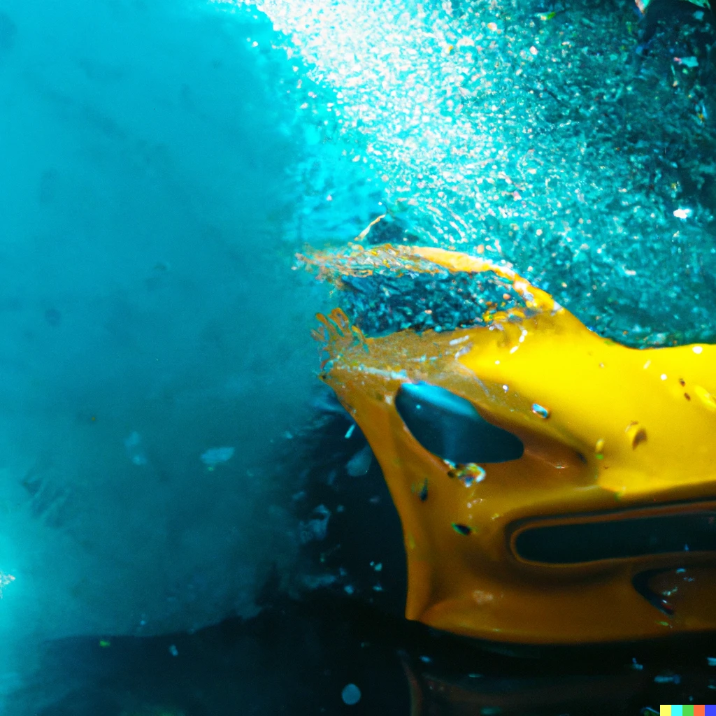 Prompt: Underwater photography of a Lamborghini submerged in water with giant rubber duck. Bubbles, particulate, gorgeous cyan water, sun rays, dramatic lighting, action shot, 4K photography, very detailed