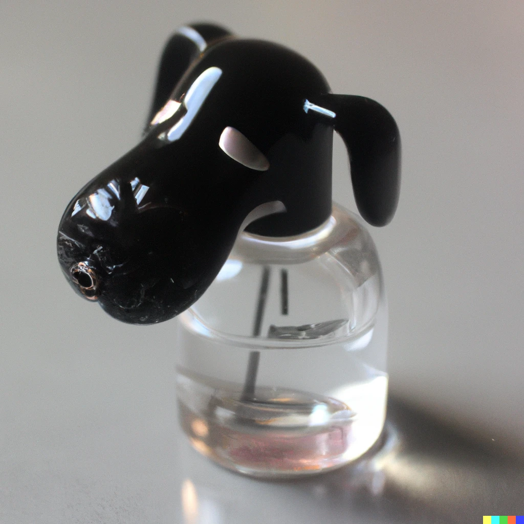 Prompt: A perfume bottle in the shape of a dog crying 