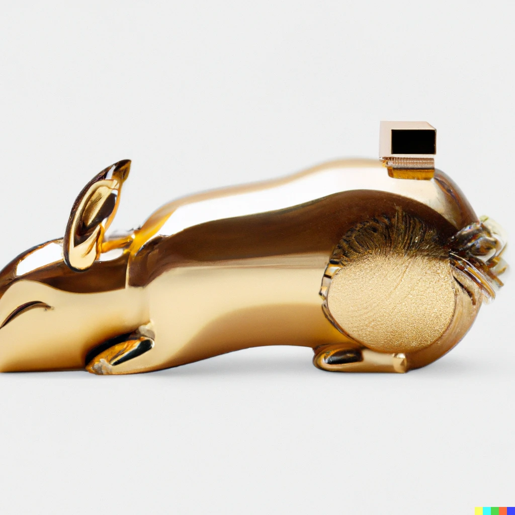 Prompt: A golden perfume bottle designed by Zaha Hadid that looks like a Capybara, 4K, white background