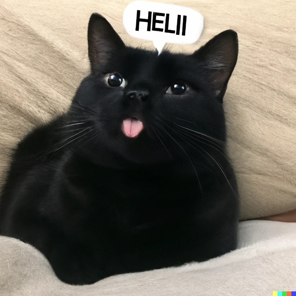 Prompt: A cat sticking out its tongue saying "Hi!"