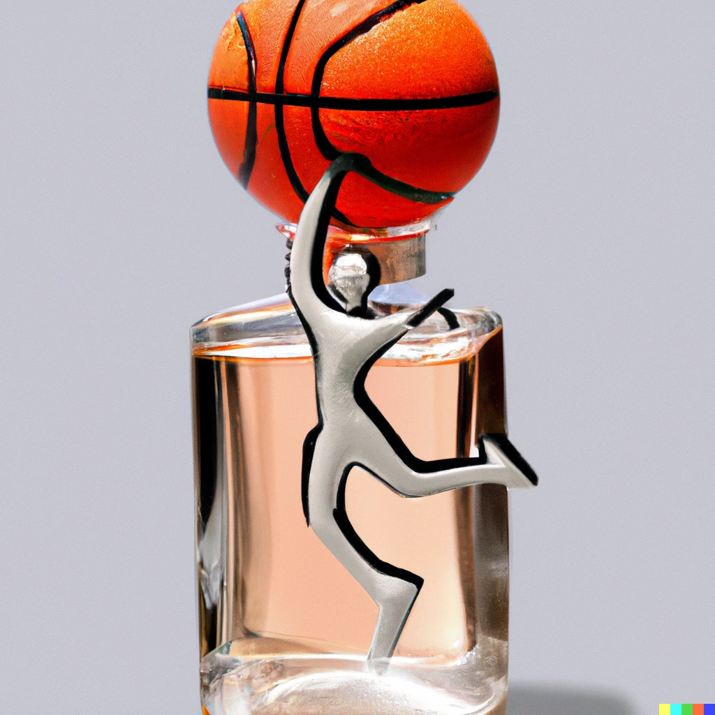 Prompt: A perfume bottle in the shape of a basketball player dunking a basketball