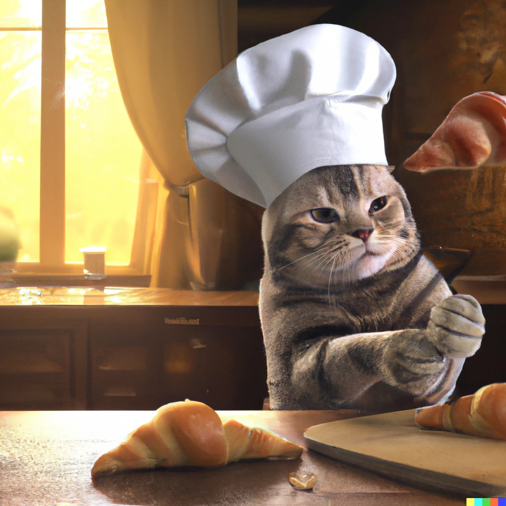 Prompt: a cat with a chef's hat kneading and baking croissants in the kitchen, morning light, light rays, dust in air, 4k, photorealistic