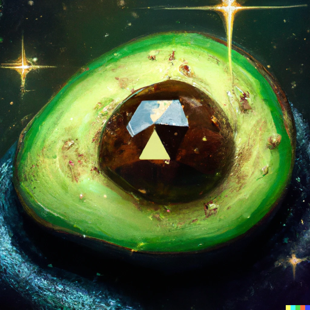 Prompt: An amazing oil painting of a diamond found inside of an avocado, replacing the pit. Galaxy surround the avocado, stars, 8k, shiny