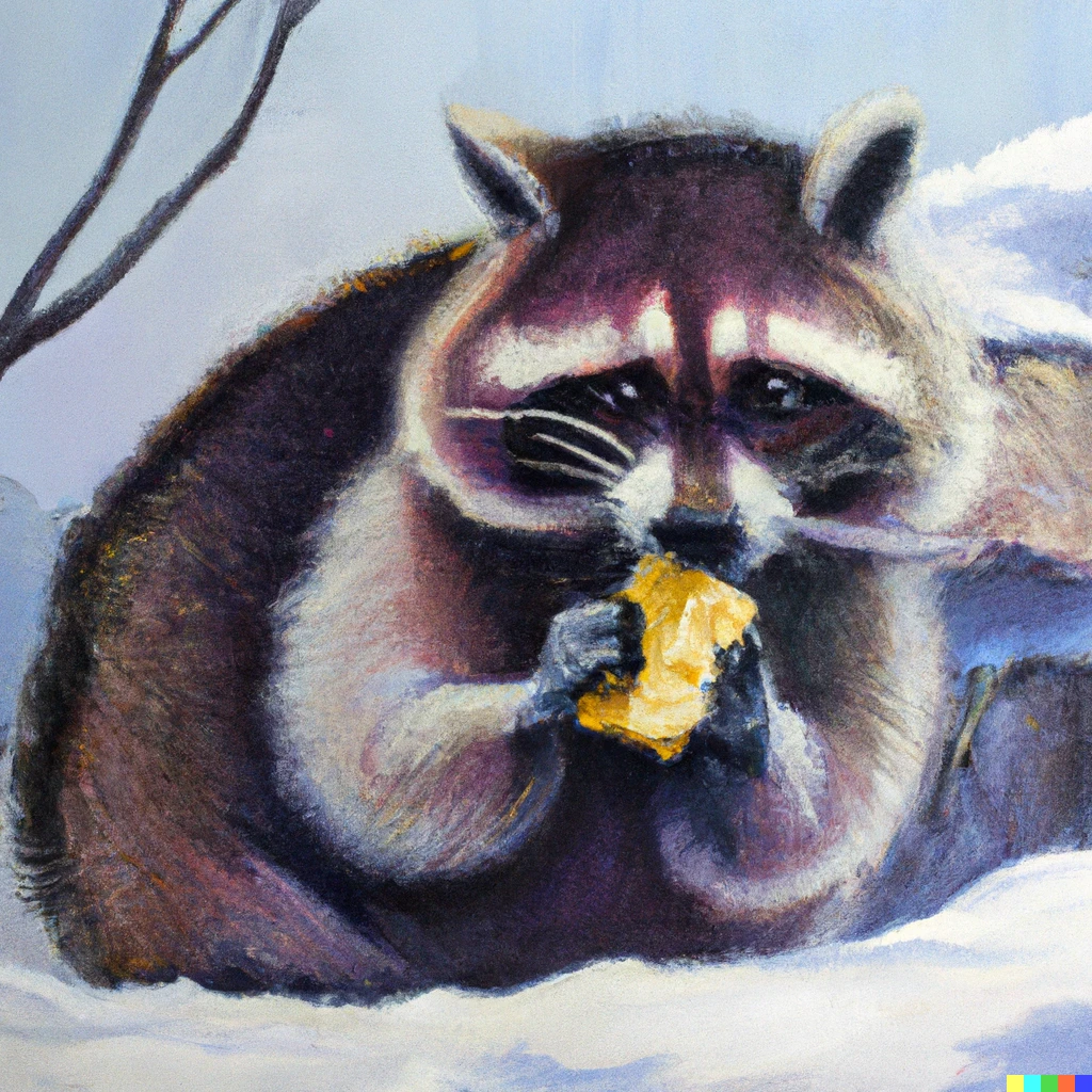 Prompt: A raccoon eating a peanut butter and jelly sandwich in snow, oil painting