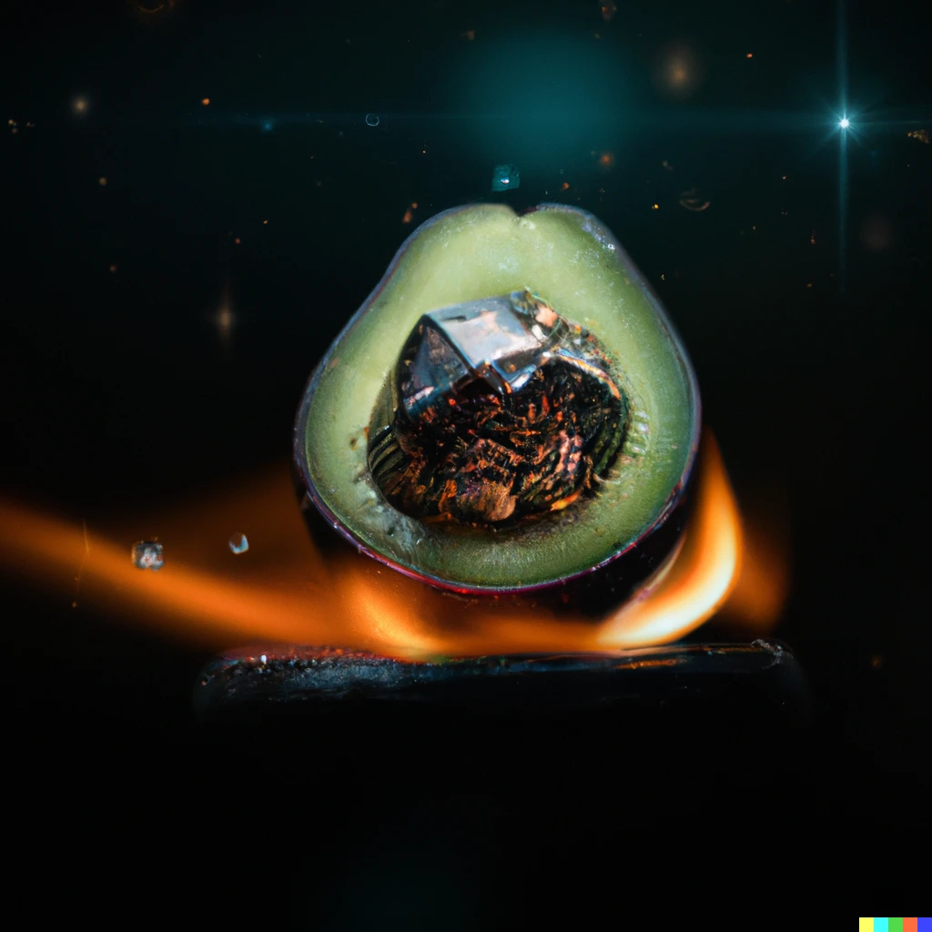 Prompt: An amazing photograph of a diamond found inside of an avocado, replacing the pit. Fire and galaxy surround the avocado, stars, 8k, shiny