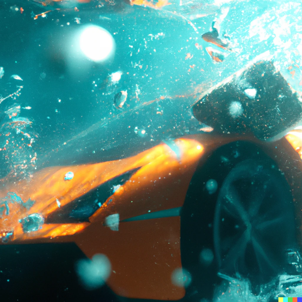 Prompt: Underwater photography of a Lamborghini submerged in water. Rubber duck, bubbles, particulate, cyan water, sun rays, film camera photography, action shot, 4K detail