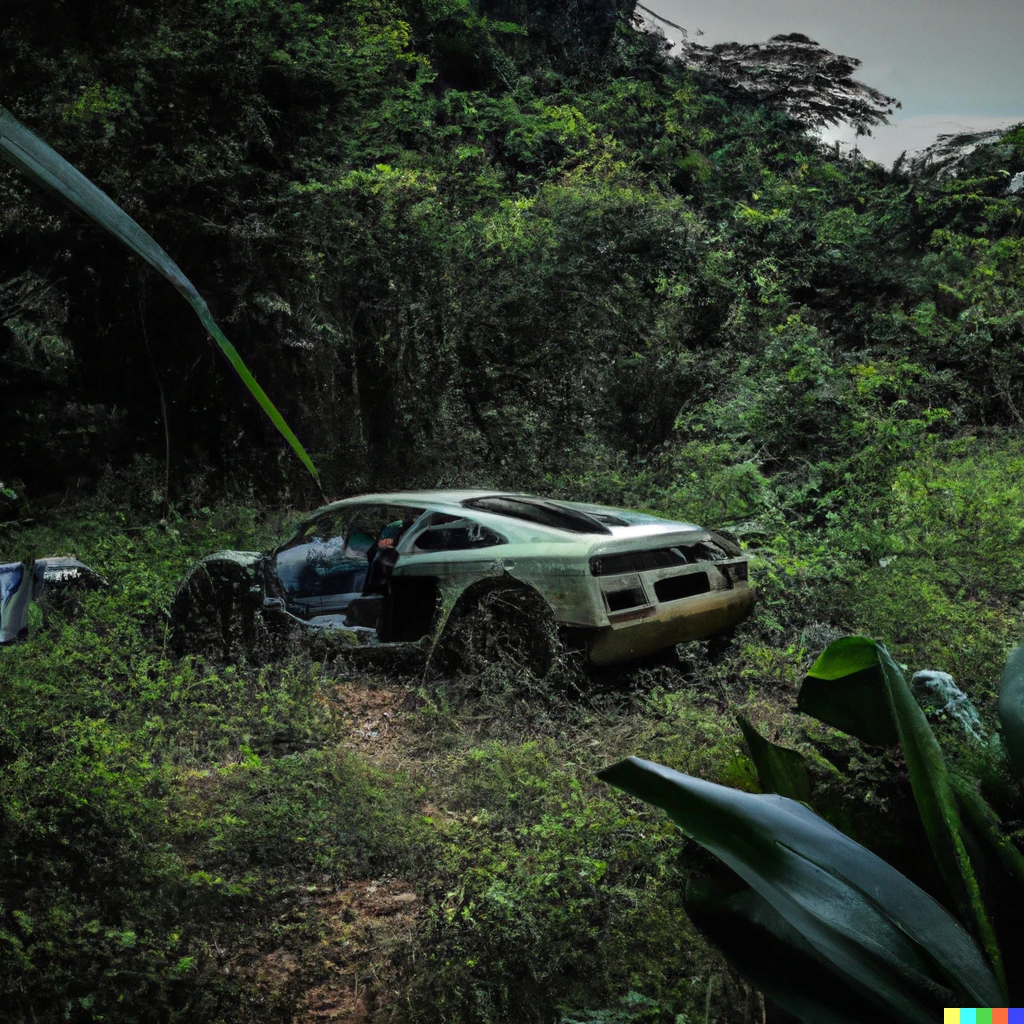 Prompt: Demolished Lamborghini in middle of jungle, monkeys in distance, 4K photograph, dramatic lighting, grain