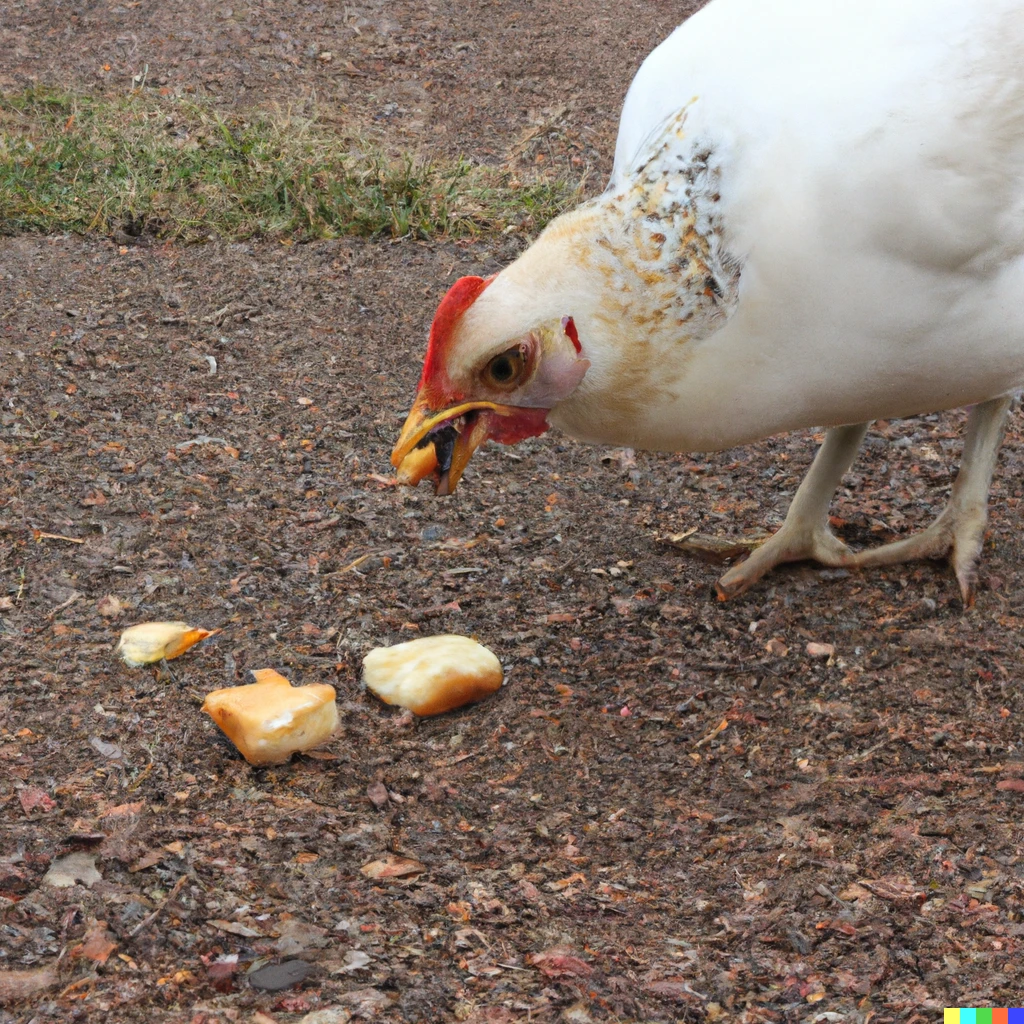 Prompt: A chicken eating a chicken nugget
