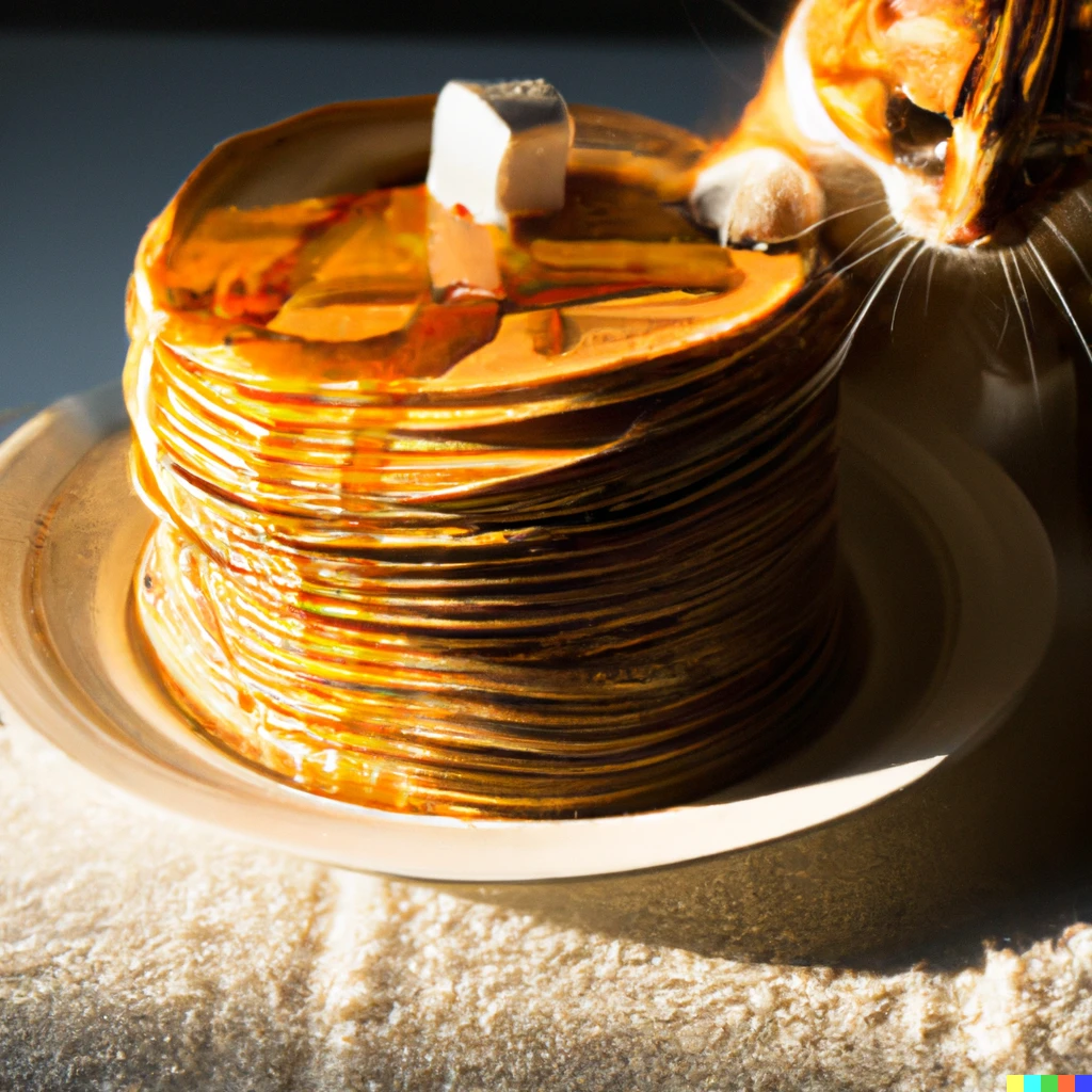 Prompt: A photo of a teeny tiny orange and white adult cat sitting on top of a huge stack of pancakes. Someone is pouring maple syrup on top of him. Morning sunlight 