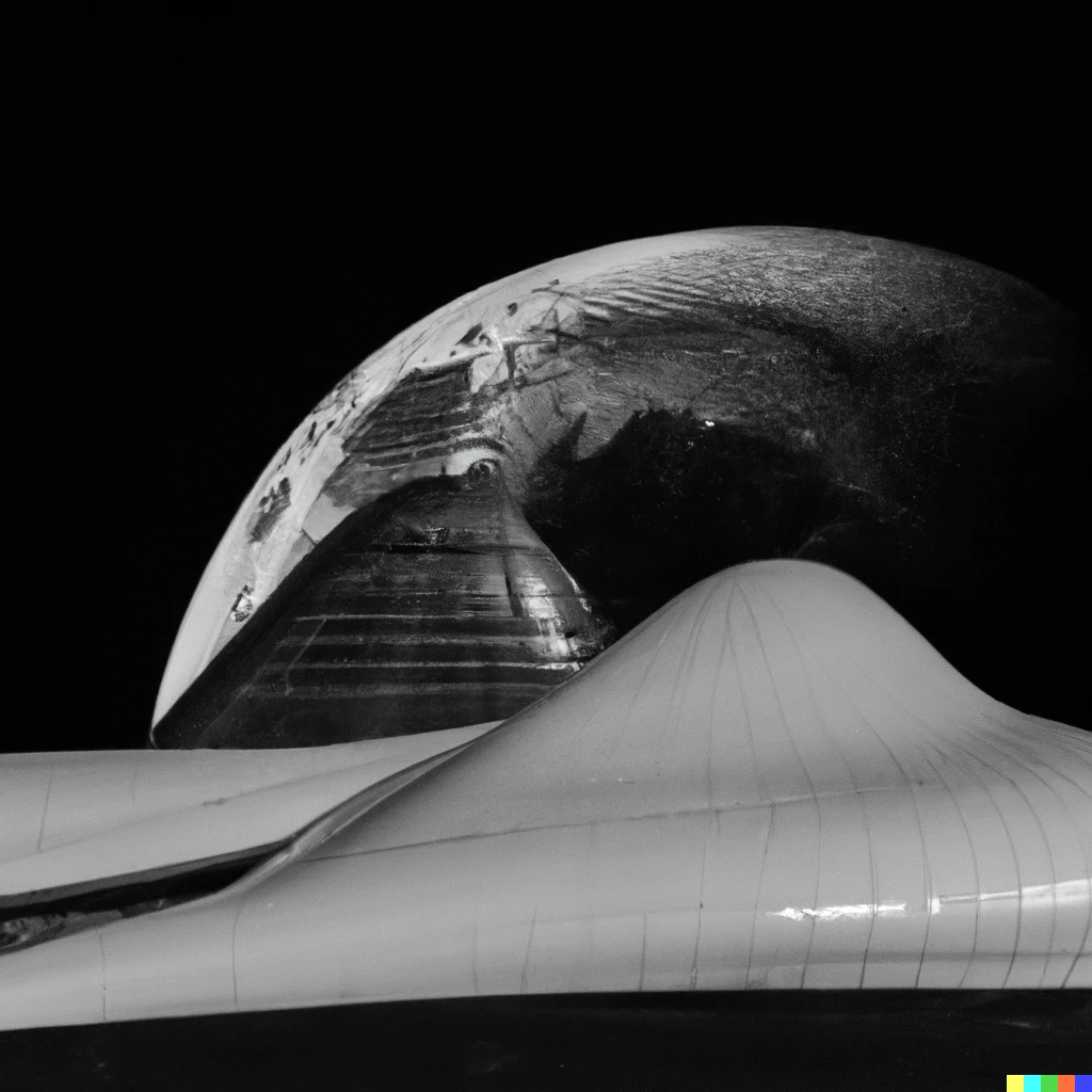 Prompt: Heydar Aliyev Center by Zaha Hadid structured onto the moon, photograph in space