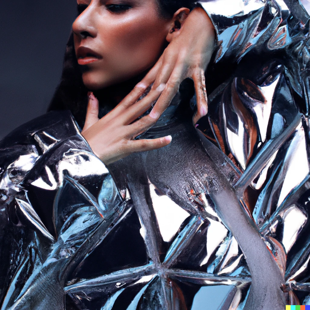 Prompt: A futuristic, avant-garde, photograph meant for a advert campaign of a Middle Eastern woman wearing a jacket made out of ice and metallic textures. Studio lighting, 85mm lens, portrait photography