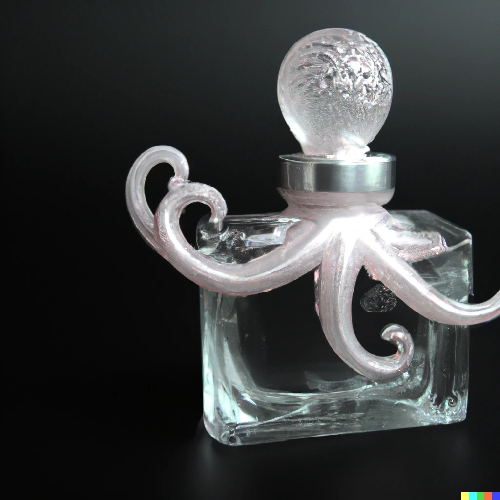 Prompt: A glass perfume bottle in the shape of an octopus