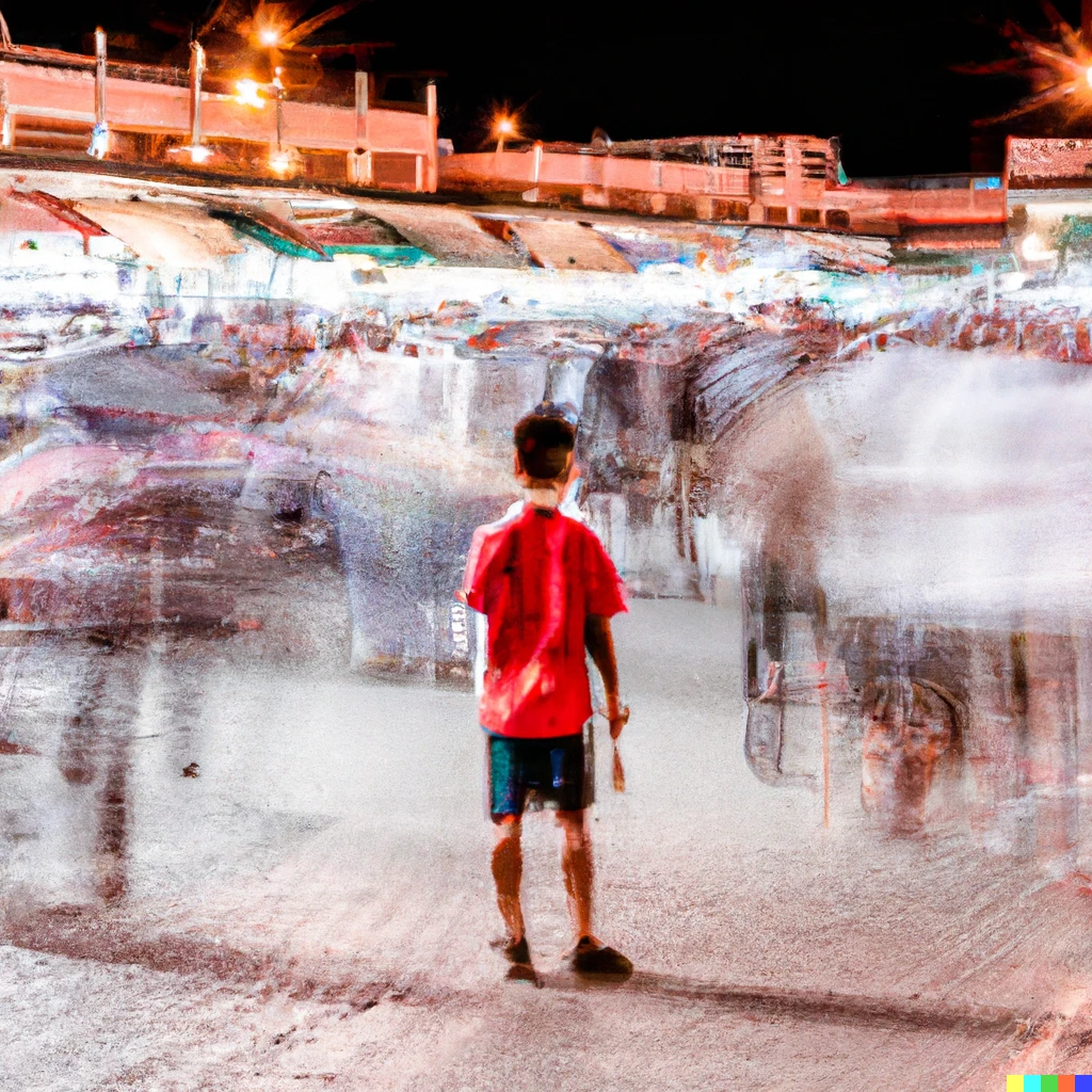 Prompt: A boy standing in the middle of a bustling market, Jemaa el Fna Square in Marrakech, painting by Norman Rockwell, motion blur