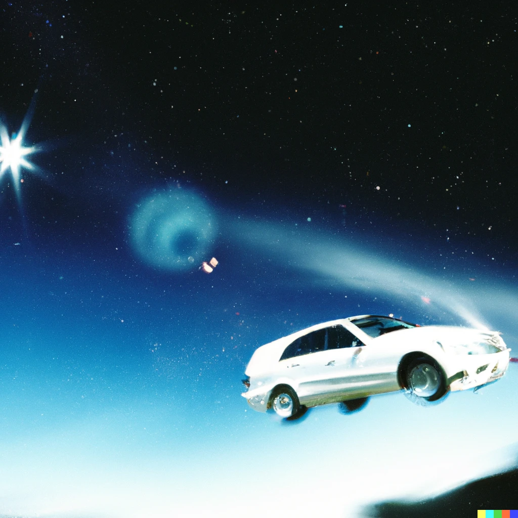 Prompt: Extra-wide angle photo of a white Mercedes flying by earth, outer space, sun flare, small stars and galaxy in background, advertisement campaign, Kodak UltraMax 400, early 2000's photograph,