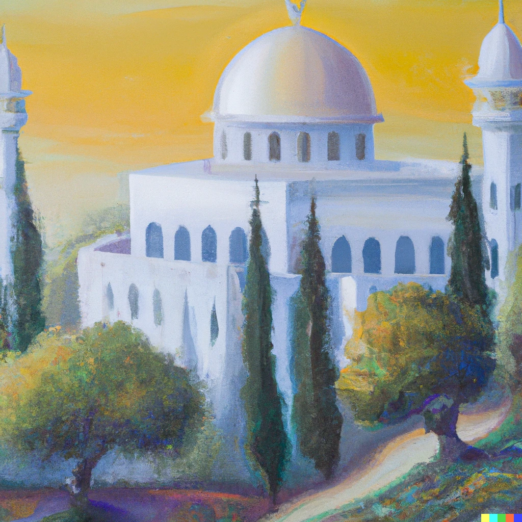 Prompt: An oil painting of a beautiful, white mosque in Haifa, Middle East. Gold rim, warm toned painting with blue/purple shadows, olive trees surround the area.
