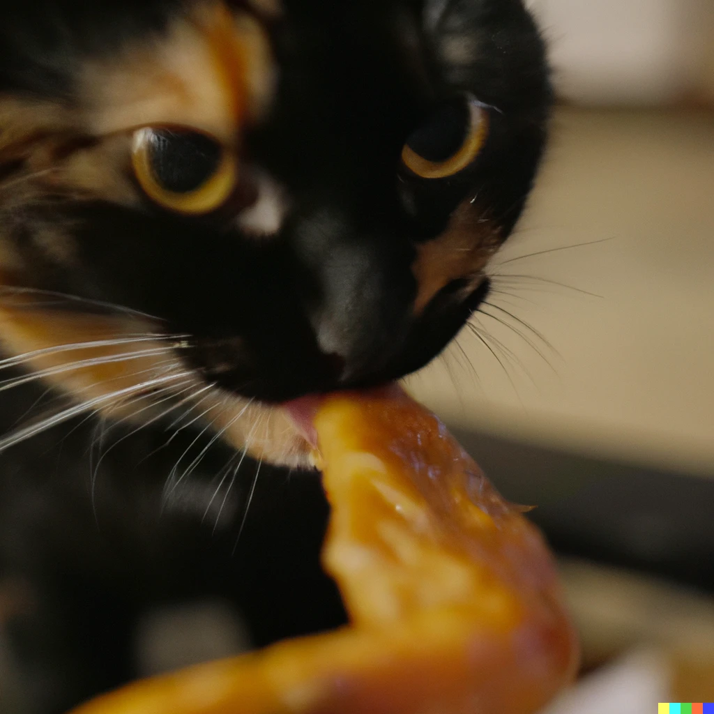 Prompt: A black and orange cat eating a chicken wing held by her paw, grainy 4K film camera photo