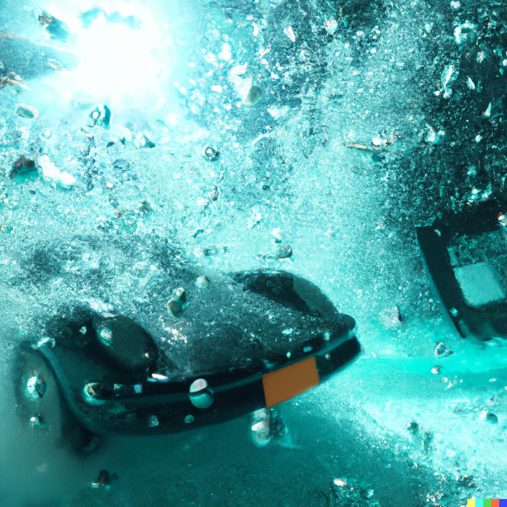 Prompt: Underwater photography of a Lamborghini submerged in water. Rubber duck, bubbles, particulate, cyan water, sun rays, film camera photography, action shot, 4K detail