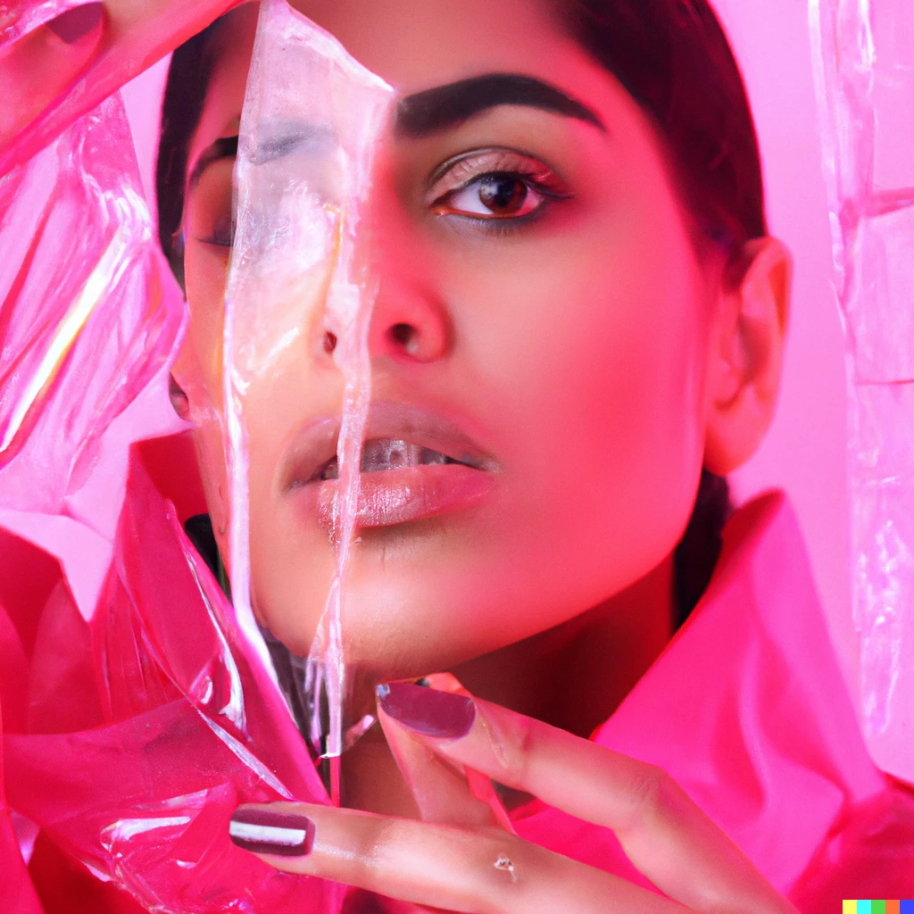 Prompt: A futuristic, avant-garde, photograph meant for a advert campaign of a Middle Eastern woman wearing a jacket made out of pink ice. Studio lighting, 85mm lens, Portrait photography, posing as if on the cover of Cosmopolitan Magazine.