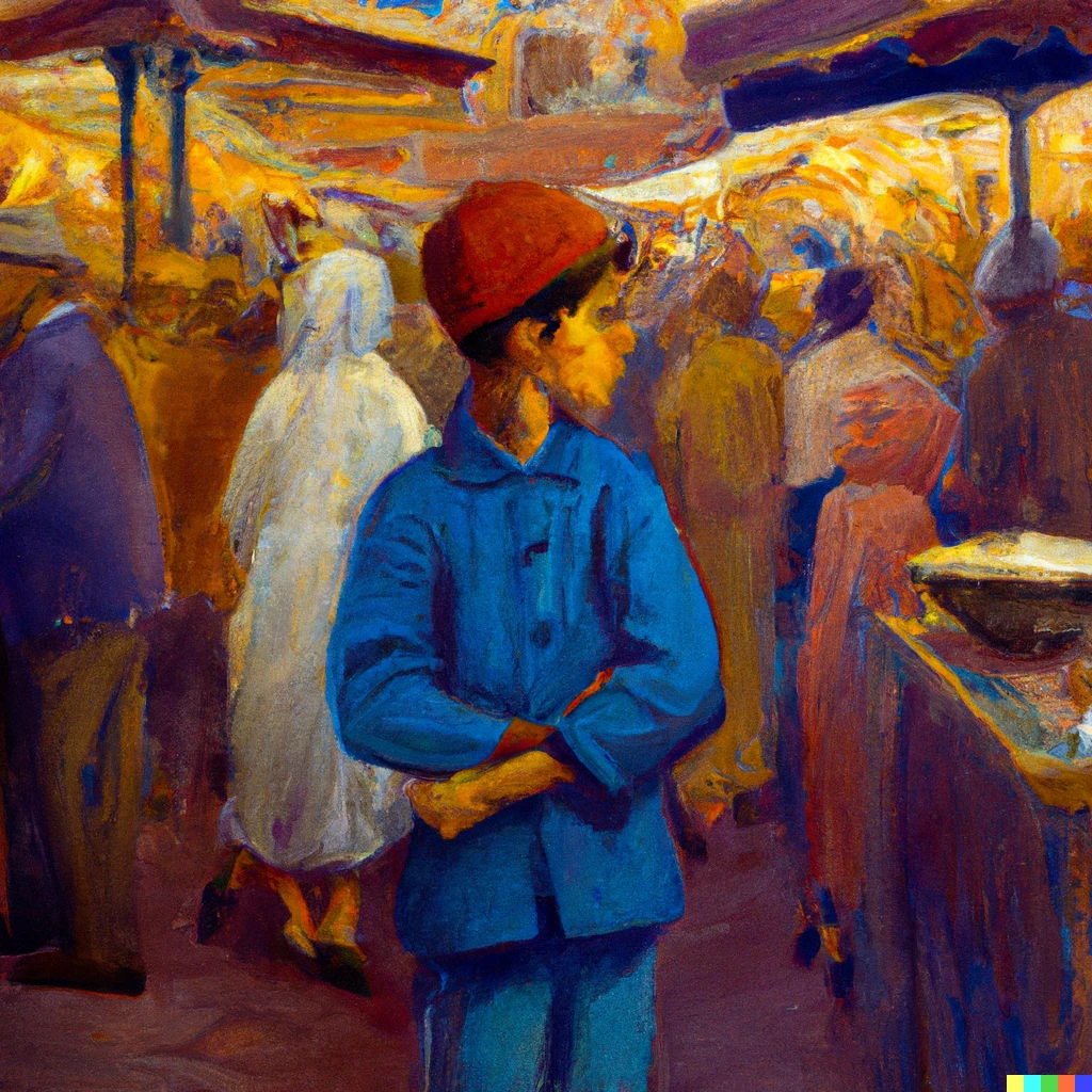 Prompt: "A boy standing in the middle of a bustling market, Jemaa el Fna Square in Marrakech" painting by Norman Rockwell, blue-orange toned art