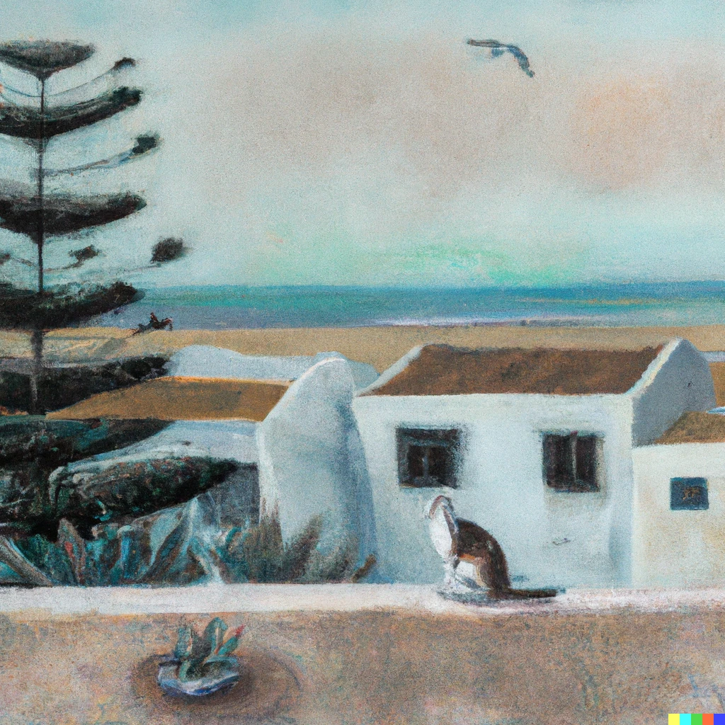 Prompt: Cat sitting on roof of white building located in Essaouira, Morocco. Seagulls, thuja trees, beach and ocean in distance. North African detailed oil painting.