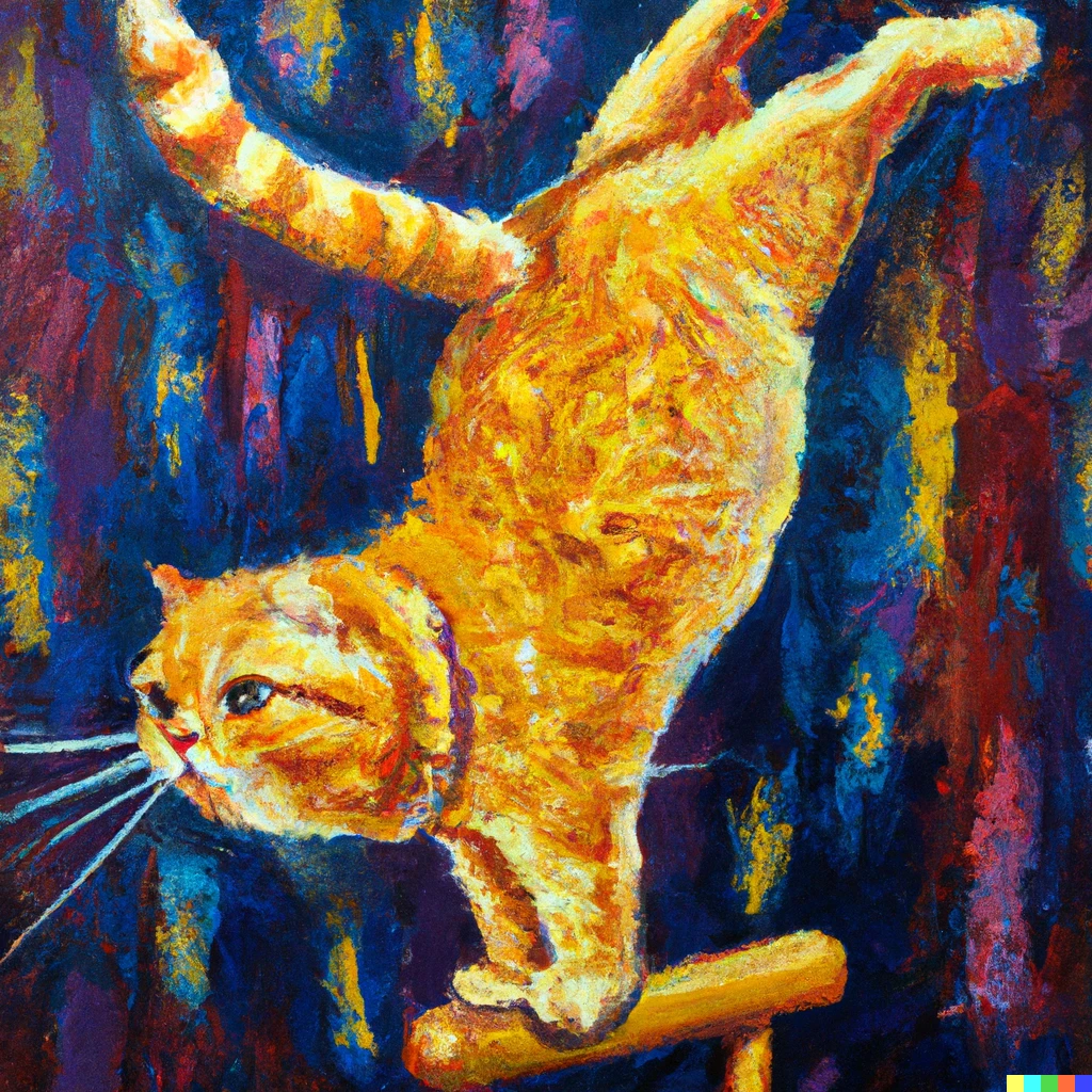 Prompt: Fat ginger cat pole-vaulting at Olympics, beautiful oil painting